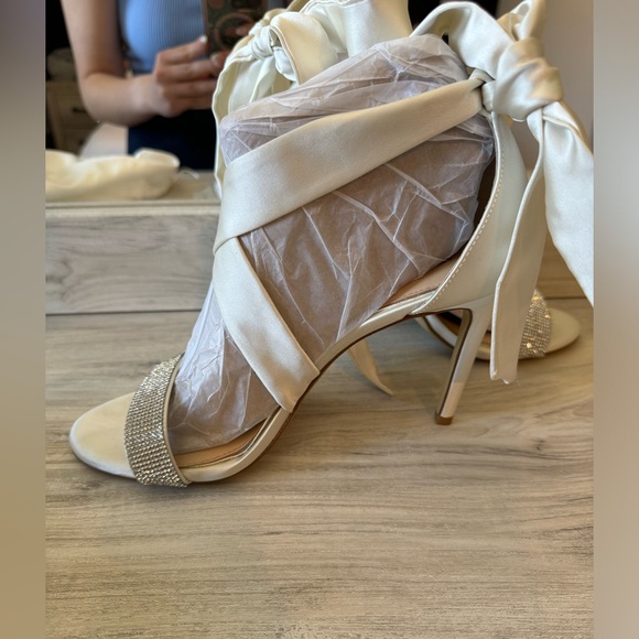 Gianni Bini Cream Satin Heels with Rhinestone Strap - Picture 3 of 14